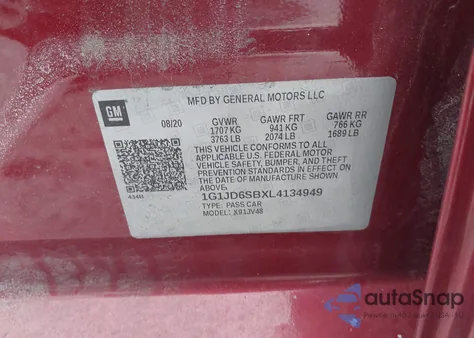 2020 Chevrolet Sonic Fwd Lt 5-Door из США, поврежденный, VIN 1G1JD6SBXL4134949